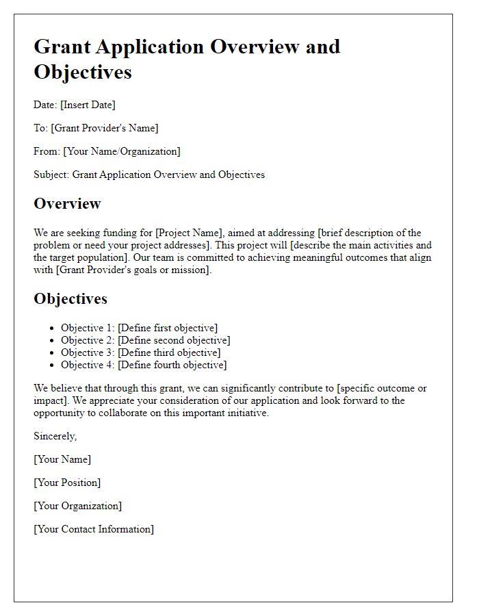 Letter template of grant application overview and objectives