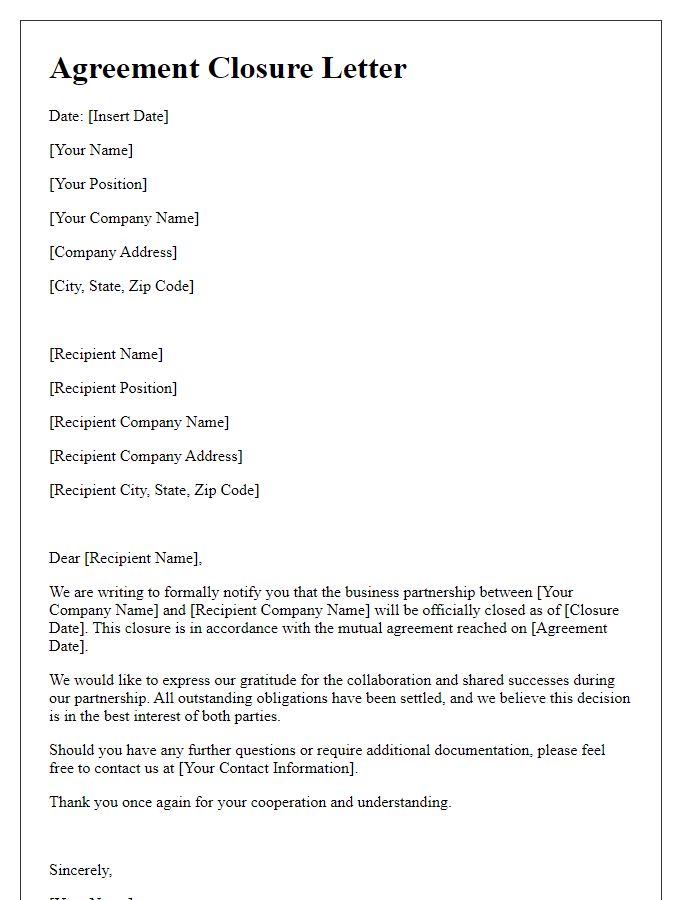 Letter template of Agreement Closure for Business Partnership