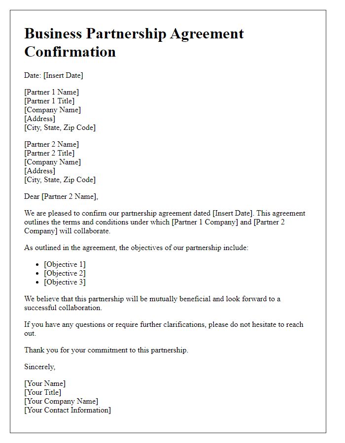 Letter template of Business Partnership Agreement Confirmation