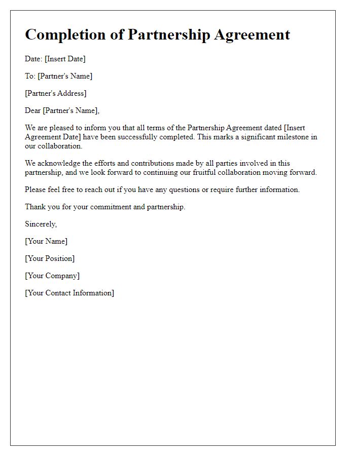 Letter template of Completion of Partnership Agreement