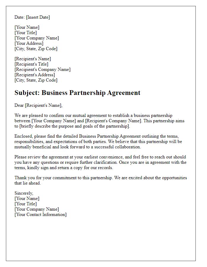 Letter template of Executing Business Partnership Agreement