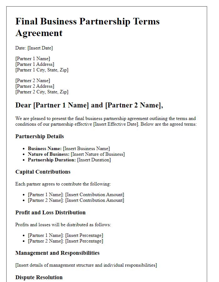 Letter template of Final Business Partnership Terms Agreement