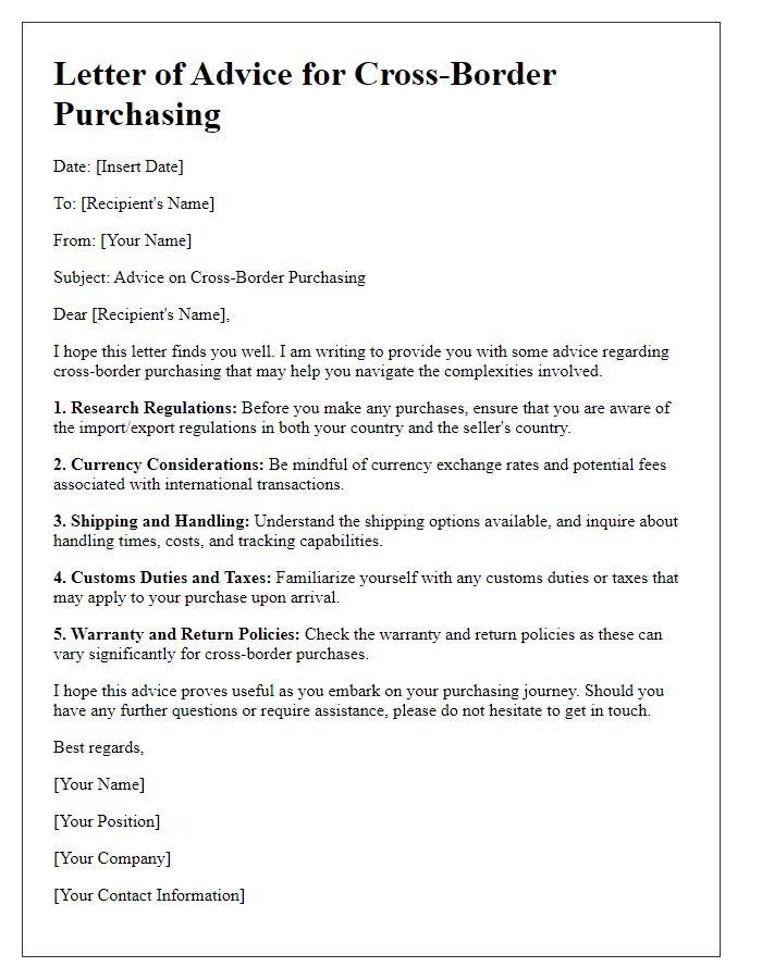 Letter template of advice for cross-border purchasing