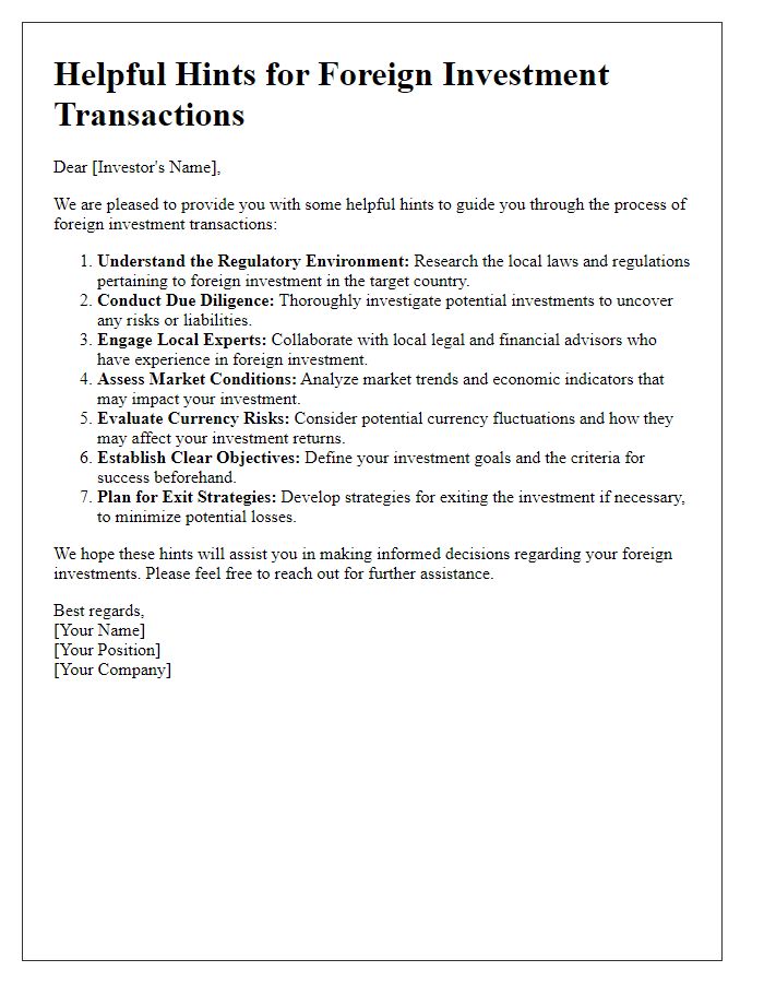 Letter template of helpful hints for foreign investment transactions