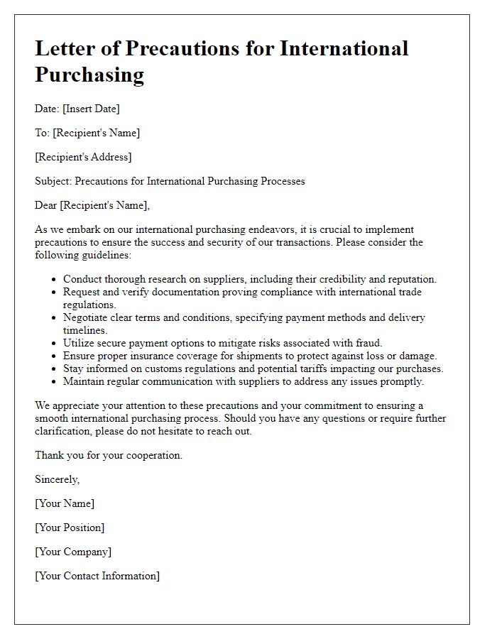 Letter template of precautions for international purchasing processes