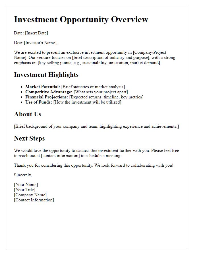 Letter template of investment opportunity overview