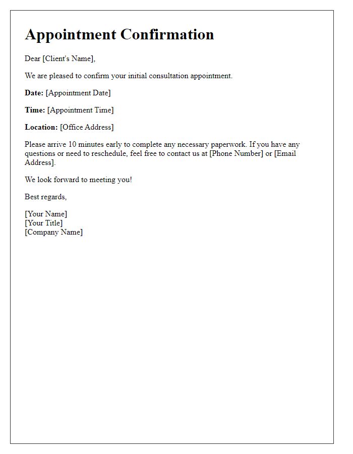 Letter template of initial consultation appointment confirmation.