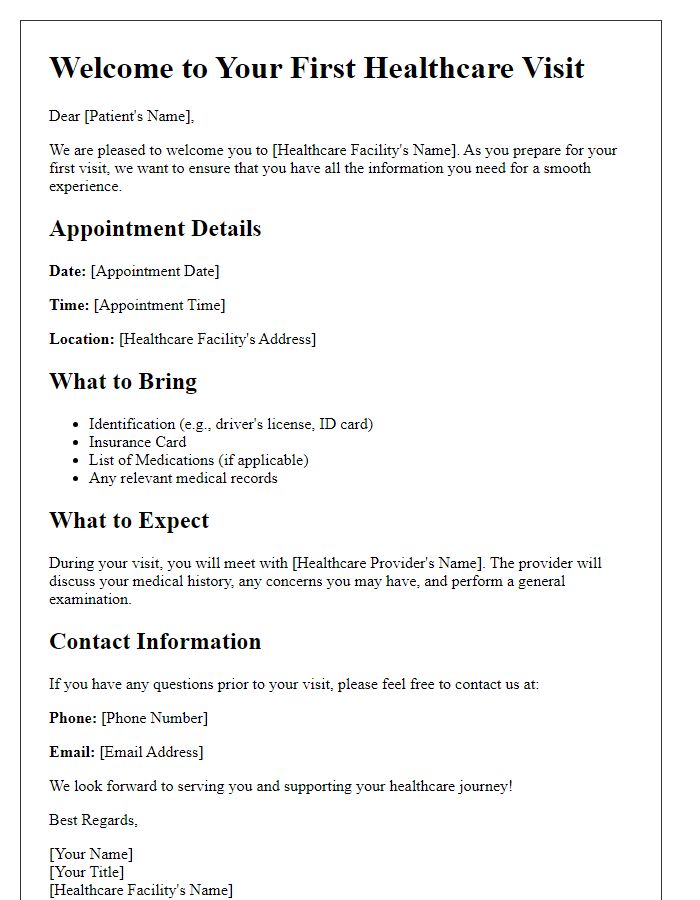 Letter template of patient orientation for first healthcare visit.