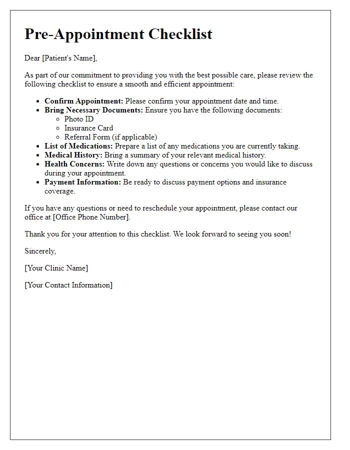 Letter template of pre-appointment checklist for patients.