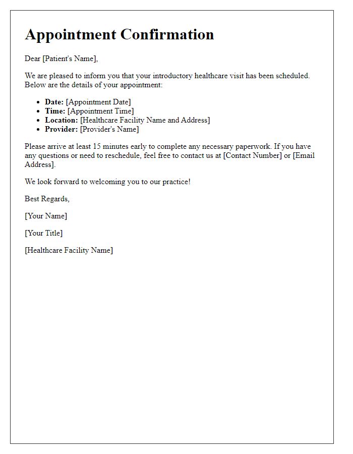 Letter template of scheduling an introductory healthcare visit.
