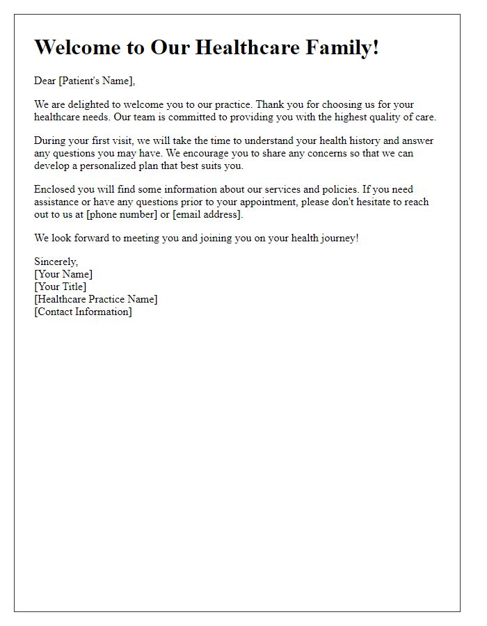 Letter template of welcome message for new healthcare patients.