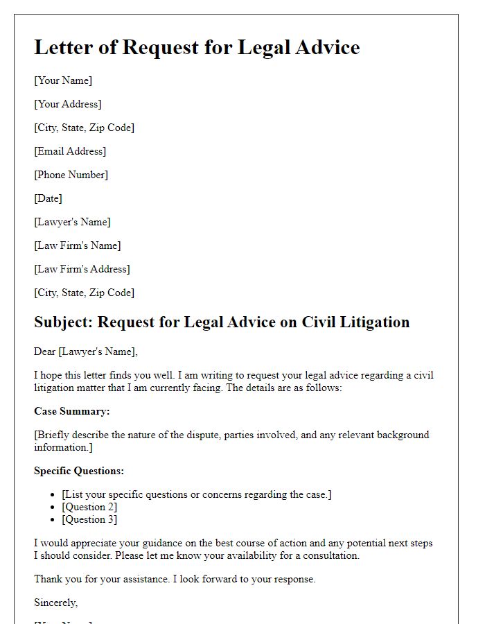 Letter template of legal advice request for civil litigation.