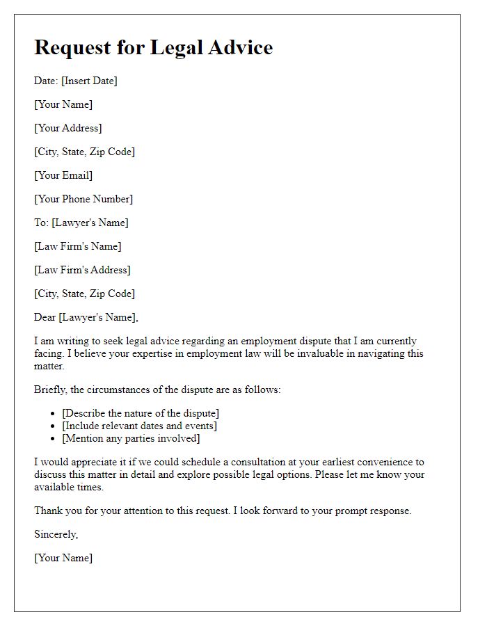 Letter template of legal advice request for employment disputes.