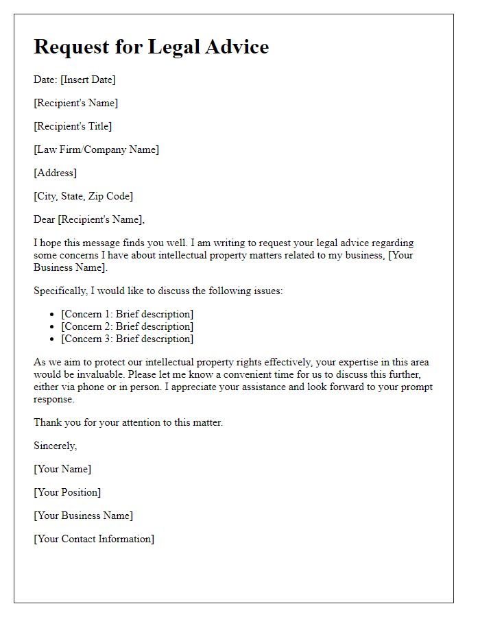 Letter template of legal advice request for intellectual property concerns.