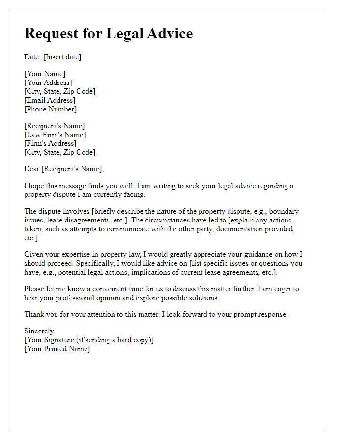 Letter template of legal advice request for property disputes.