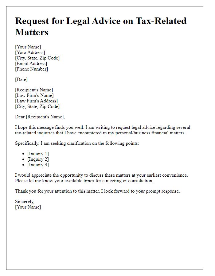 Letter template of legal advice request for tax-related inquiries.