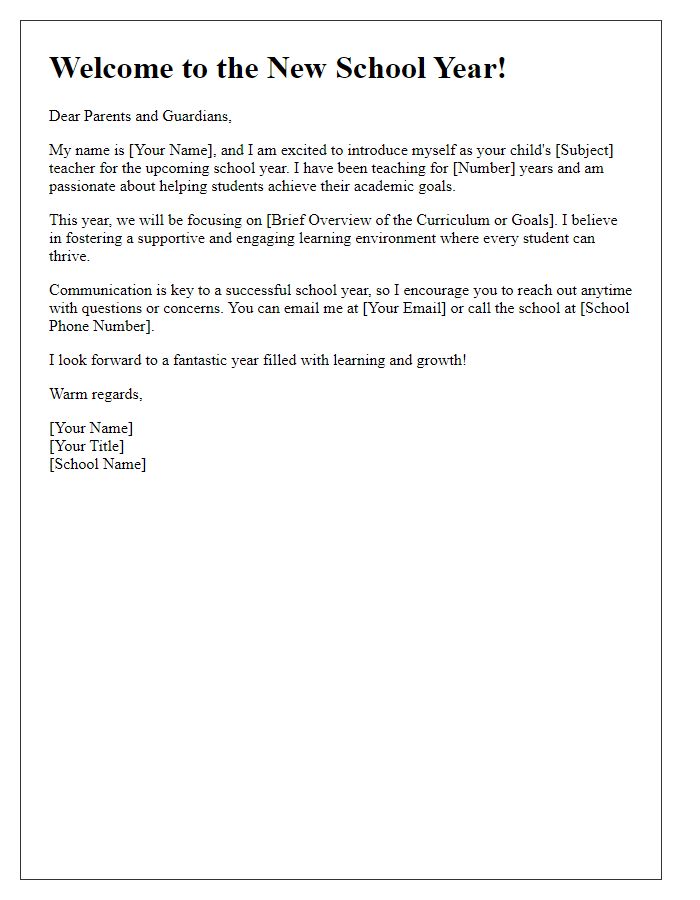 Letter template of teacher introduction for high school parents