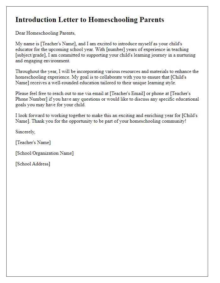 Letter template of teacher introduction for homeschooling parents