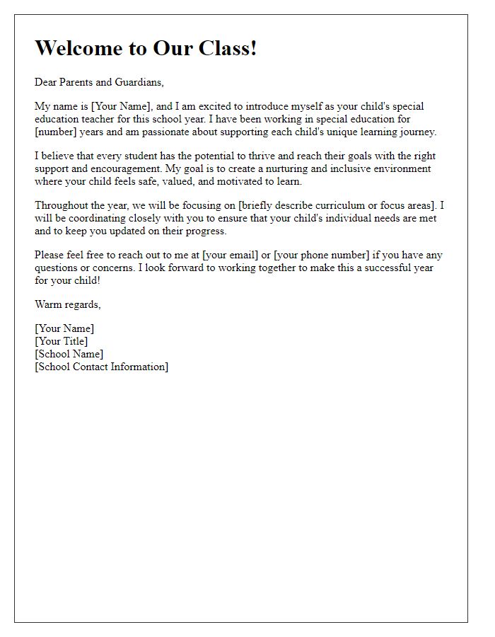 Letter template of teacher introduction for special education parents