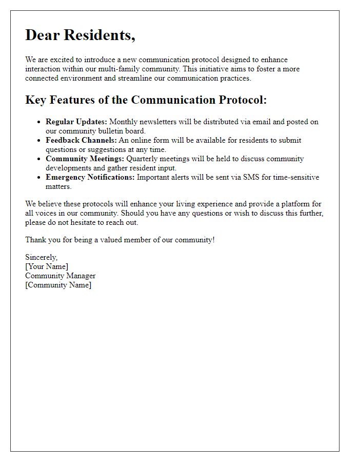 Letter template of communication protocols in multi-family community settings