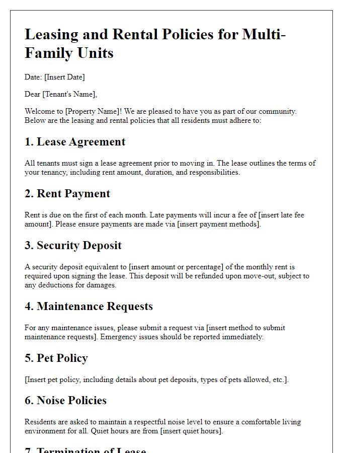 Letter template of leasing and rental policies for multi-family units