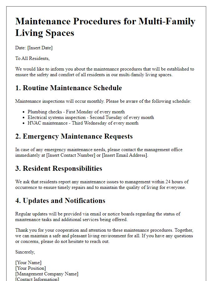 Letter template of maintenance procedures for multi-family living spaces