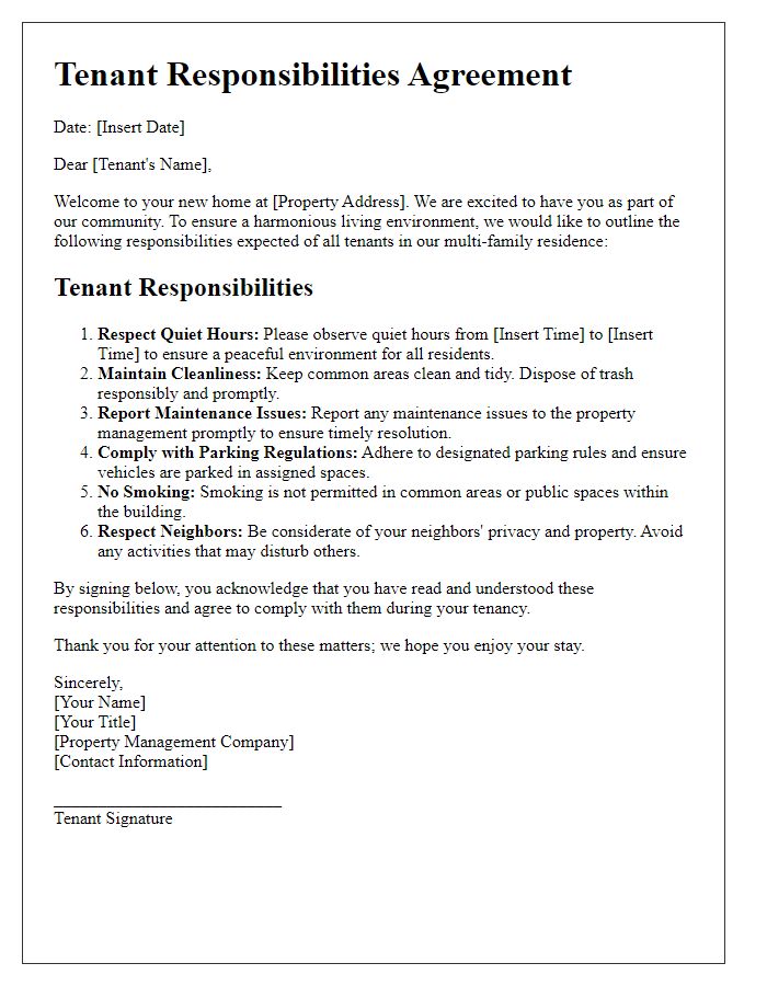 Letter template of responsibilities for tenants in multi-family residences