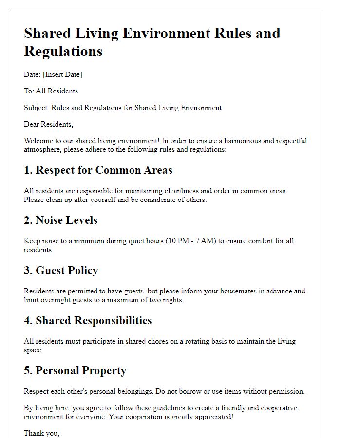 Letter template of rules and regulations for shared living environments