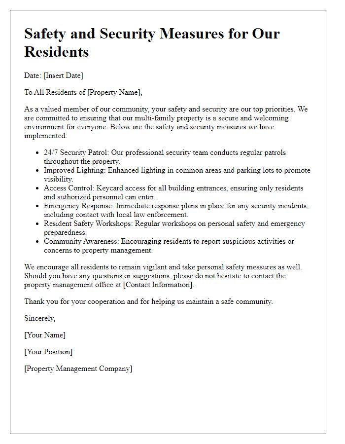 Letter template of safety and security measures for multi-family properties