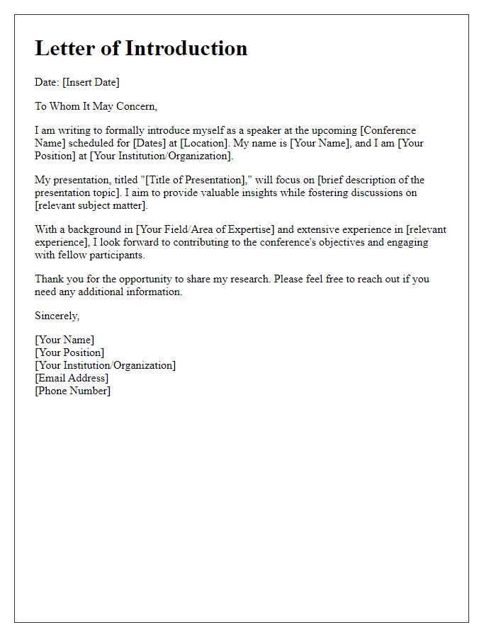 Letter template of introduction for attending an academic conference as a speaker.