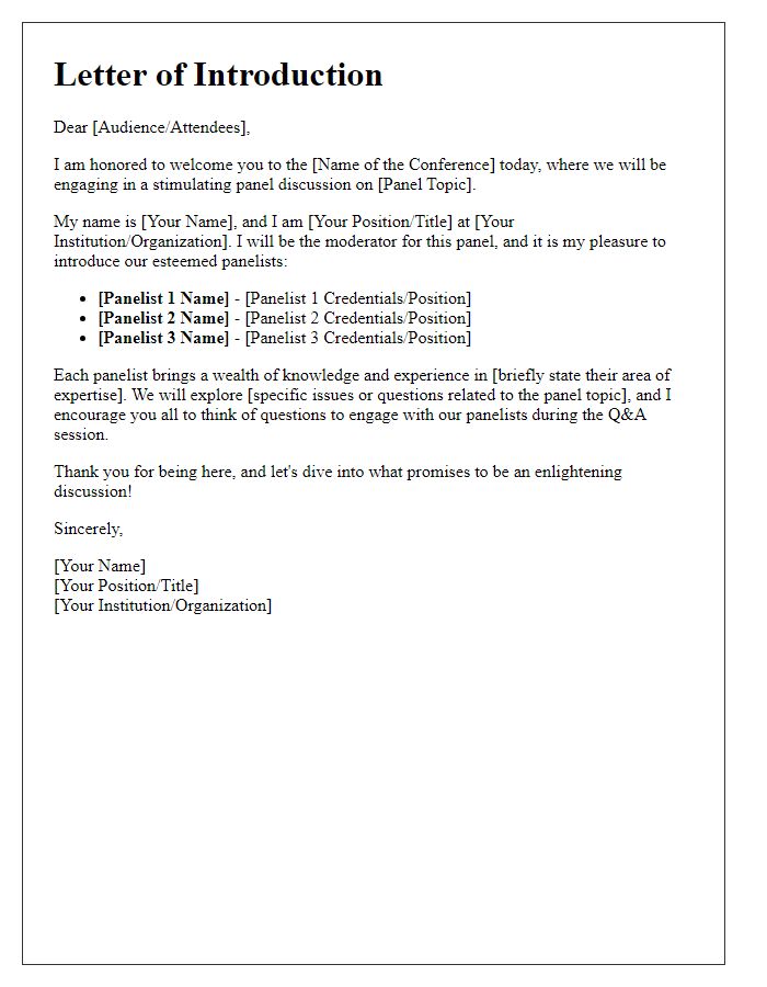 Letter template of introduction for a panel discussion at an academic conference.