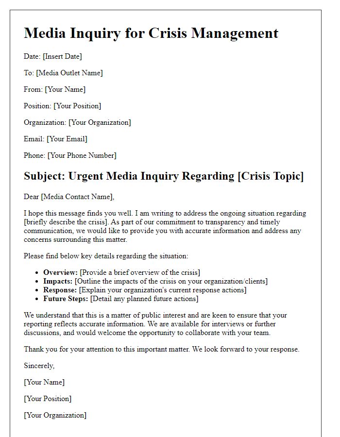 Letter template of media inquiry for crisis management