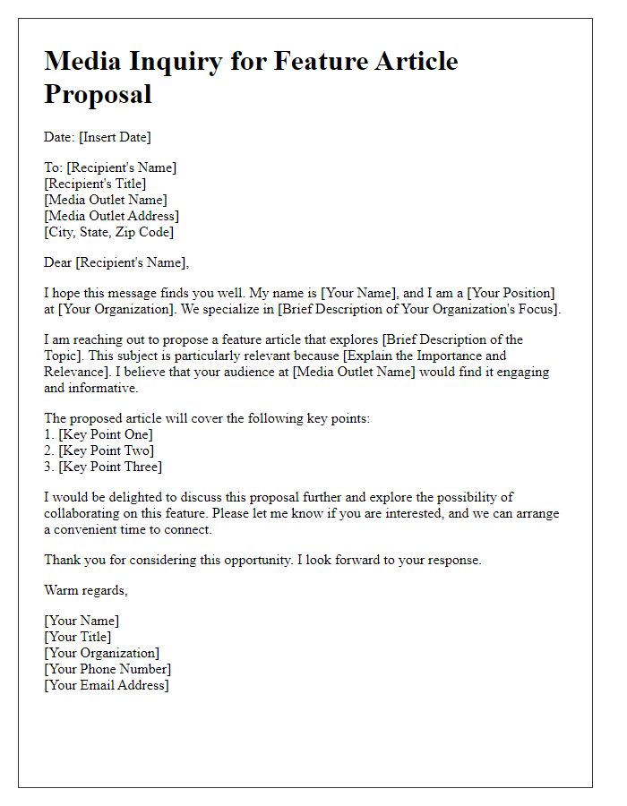 Letter template of media inquiry for feature article proposal