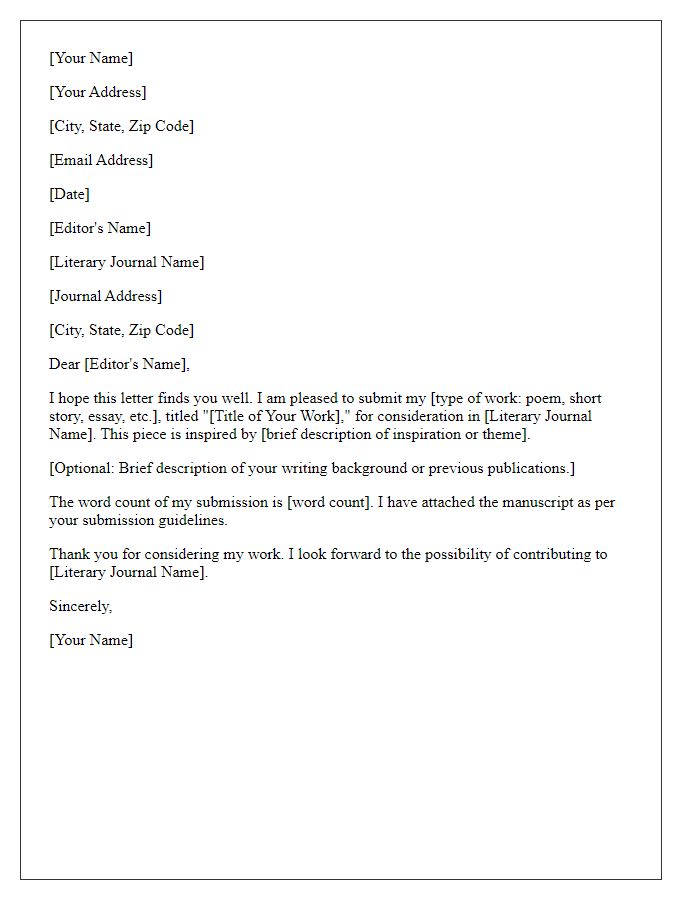 Letter template of creative work submission for literary journal