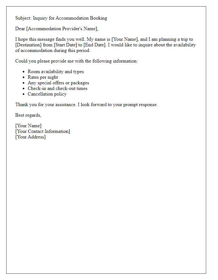 Letter template of accommodation booking inquiry