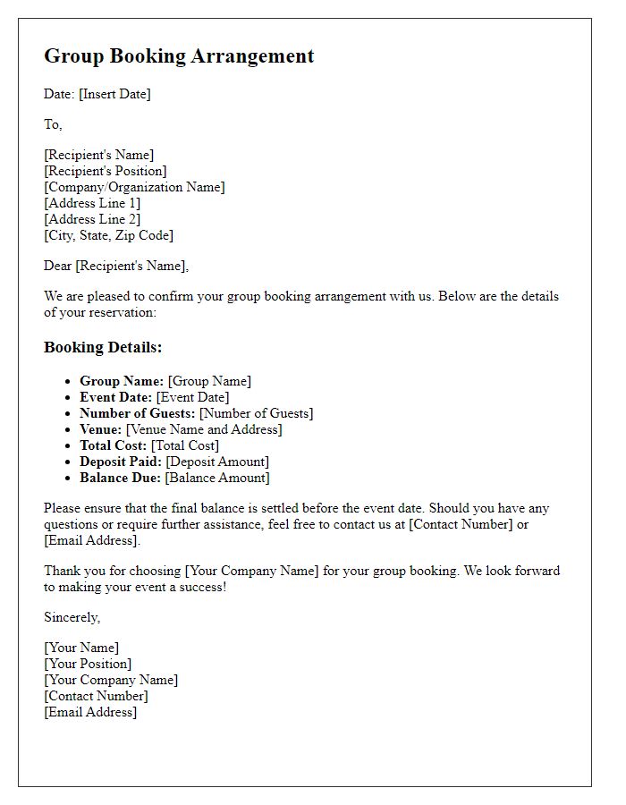 Letter template of group booking arrangement