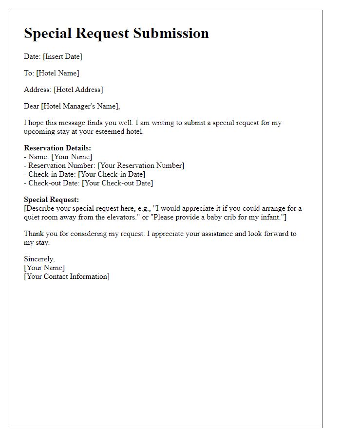 Letter template of hotel special request submission