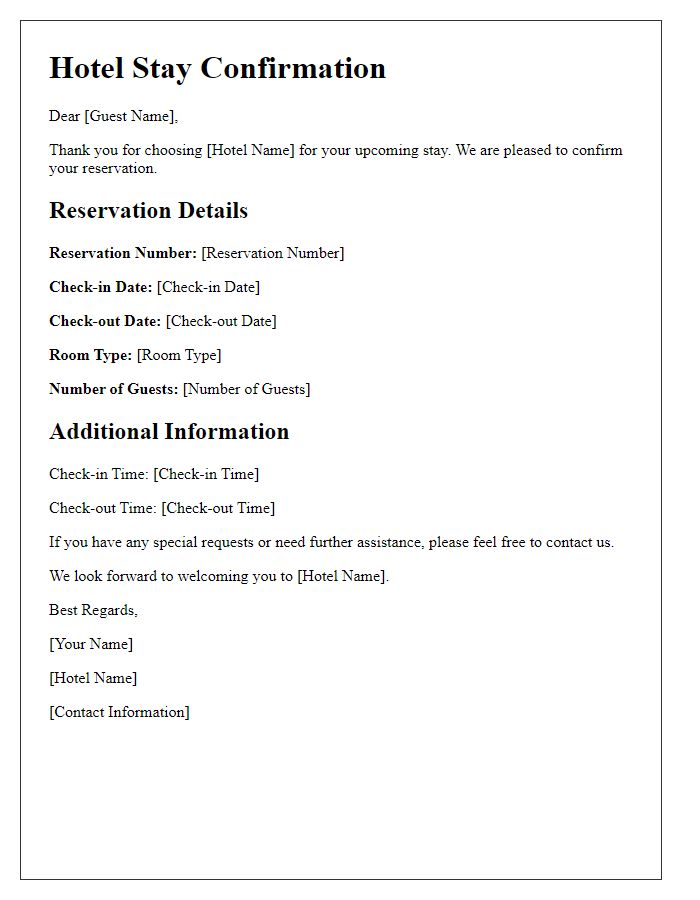 Letter template of hotel stay confirmation