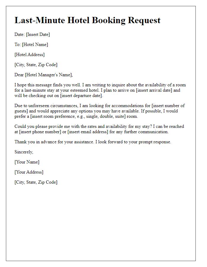 Letter template of last-minute hotel booking