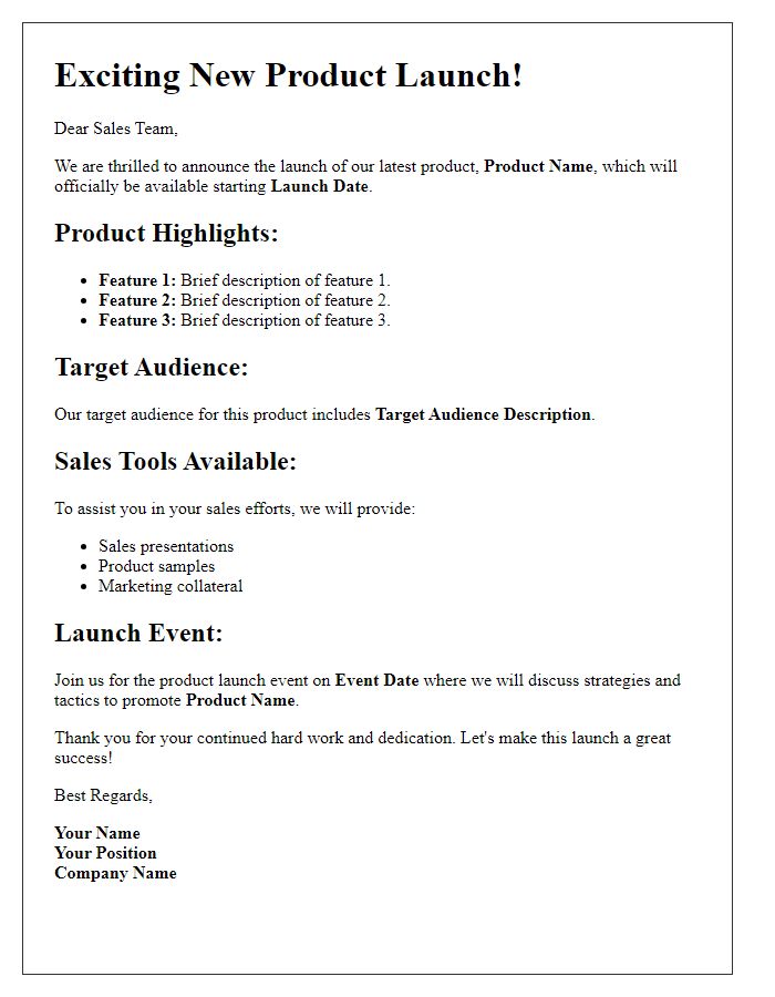 Letter template of product launch brochure for sales team