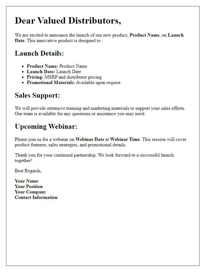 Letter template of product launch details for distributors