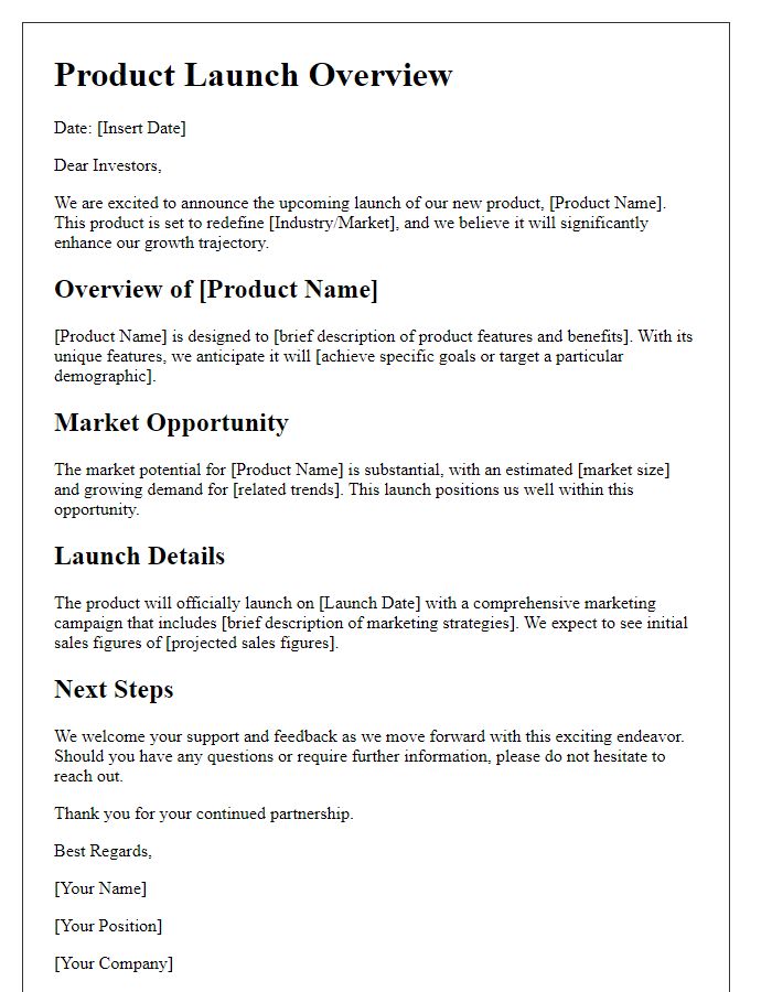 Letter template of product launch overview for investors