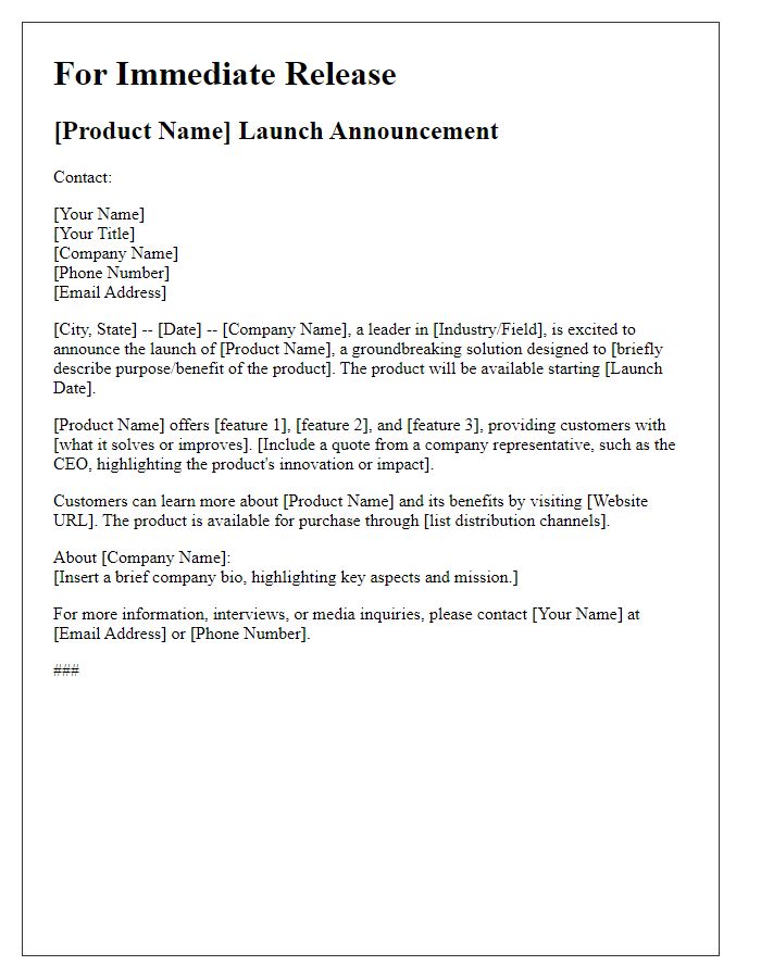 Letter template of product launch press release for media