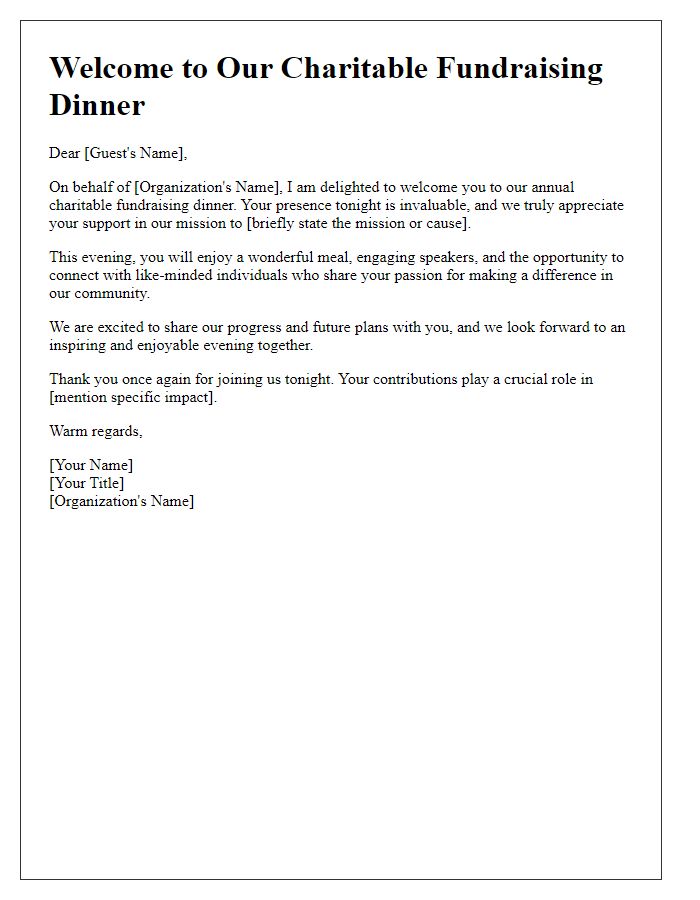 Letter template of welcome for a charitable fundraising dinner