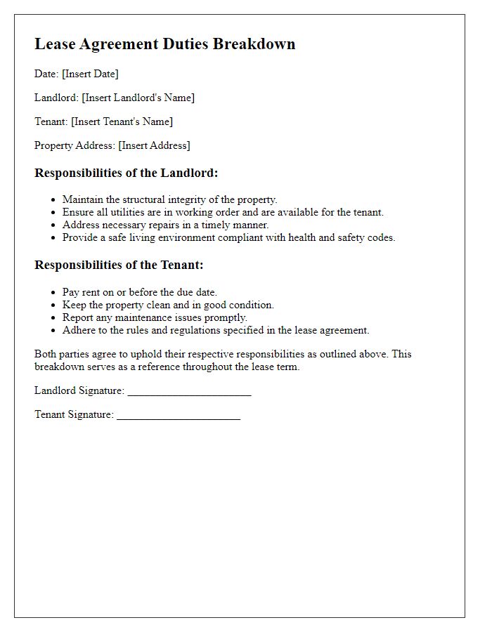 Letter template of lease agreement duties breakdown