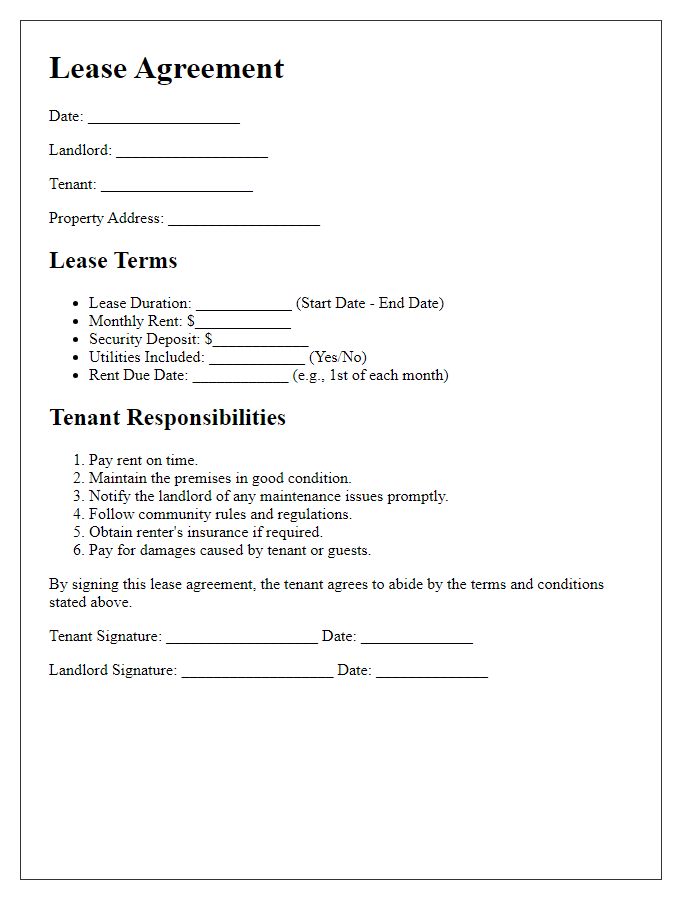 Letter template of lease terms and tenant responsibilities