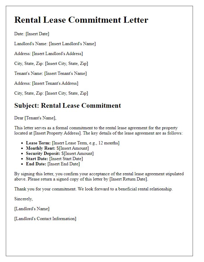 Letter template of rental lease commitment details