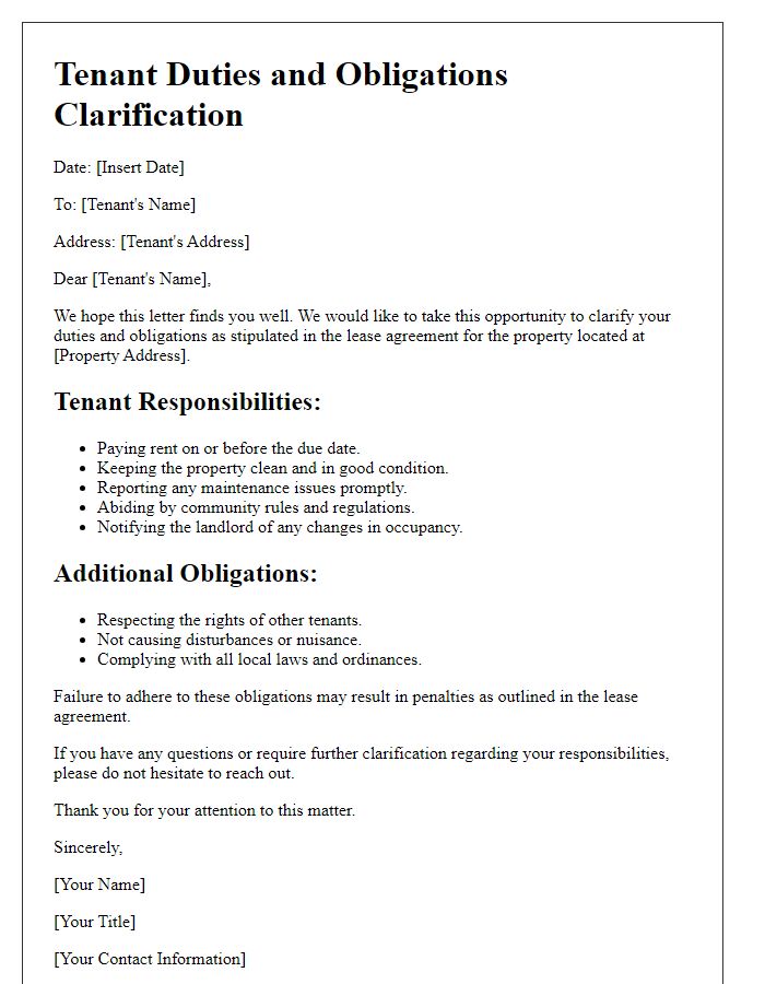 Letter template of tenant duties and obligations clarification