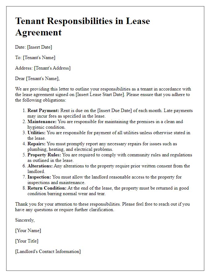 Letter template of tenants responsibilities in the lease