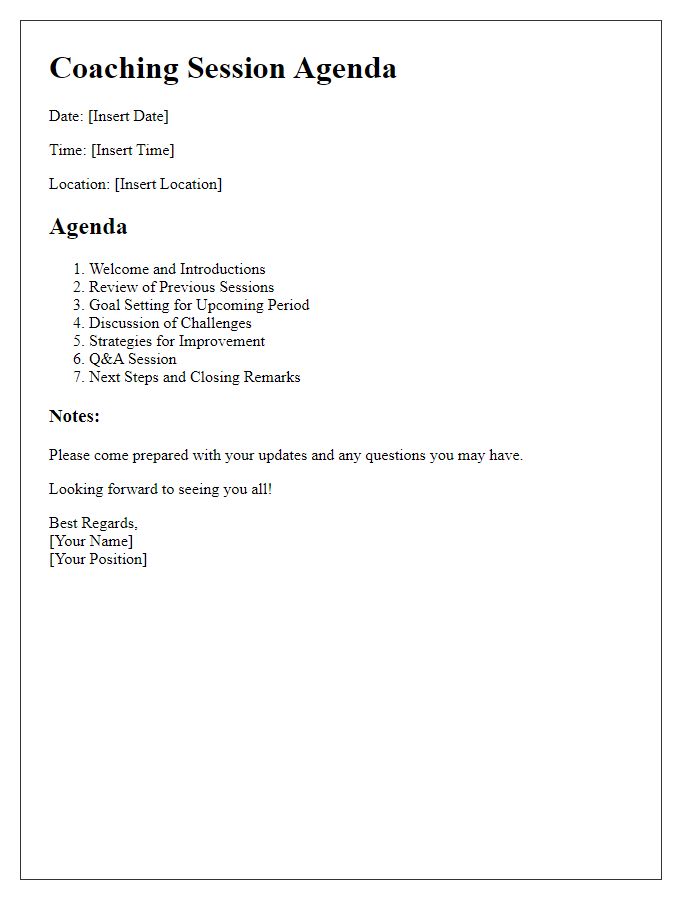 Letter template of agenda for the upcoming coaching session